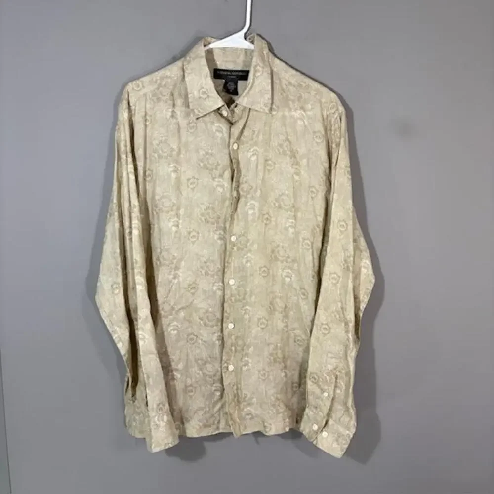 Banana Republic Shirt Mens Medium Beige Floral Linen Long Sleeve Button Up